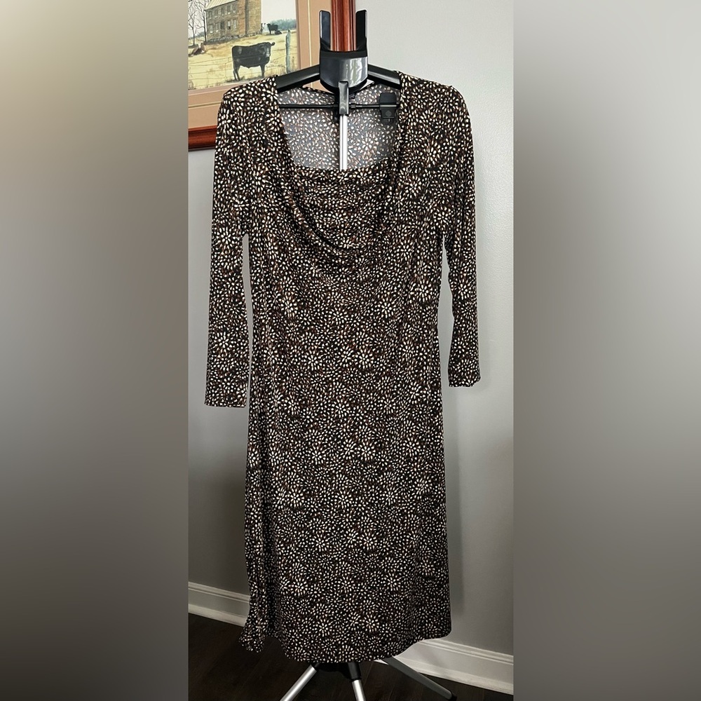 New Directions Dress Brown Black Cream Deep Drape Neckline Flattering Fit Large